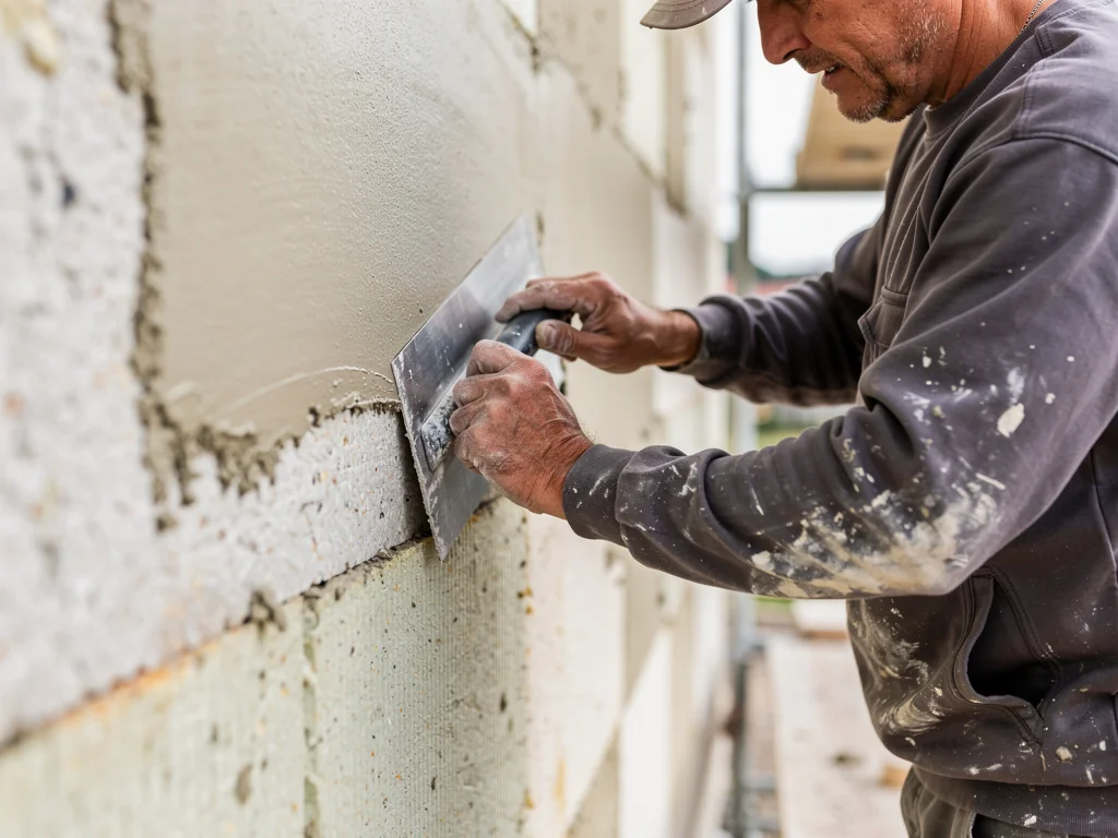 Artisan appliquant l'enduit de finition sur une façade fraîchement isolée